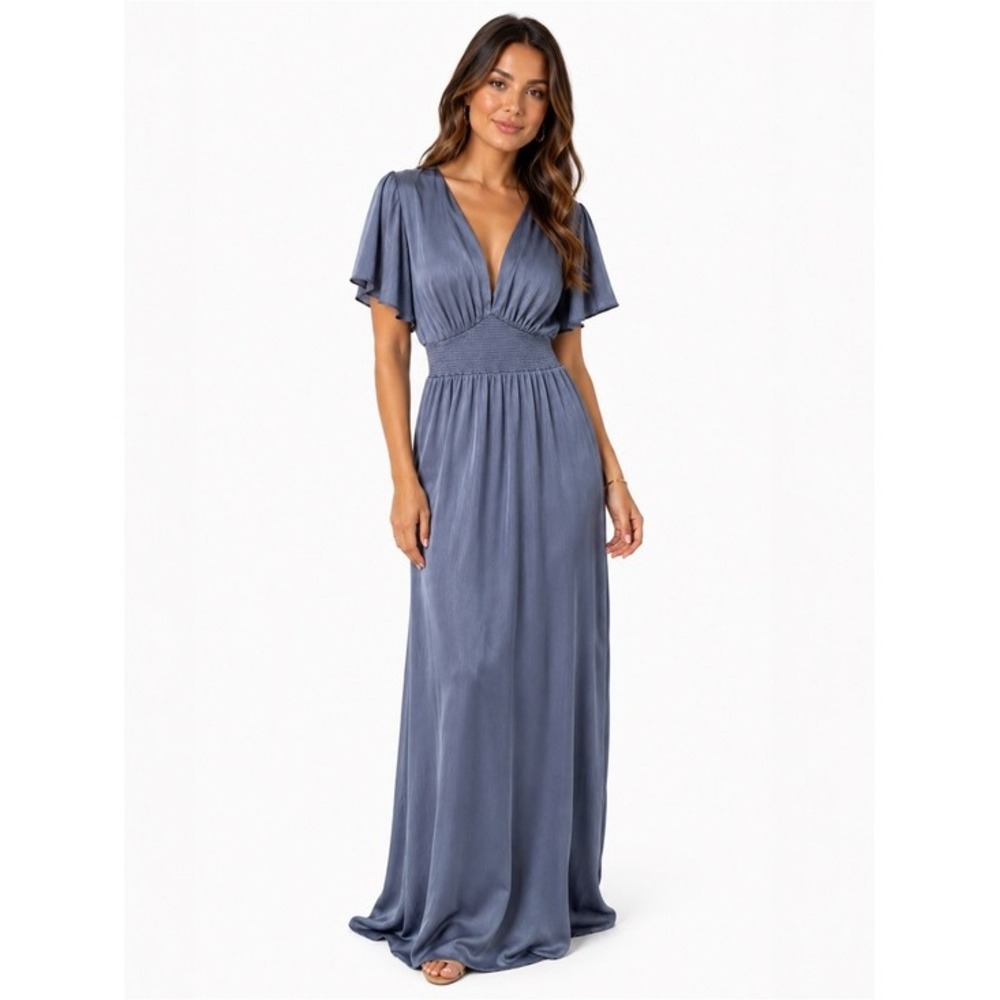 Baltic Born Blue Satin V-Neck Maxi Dress Large